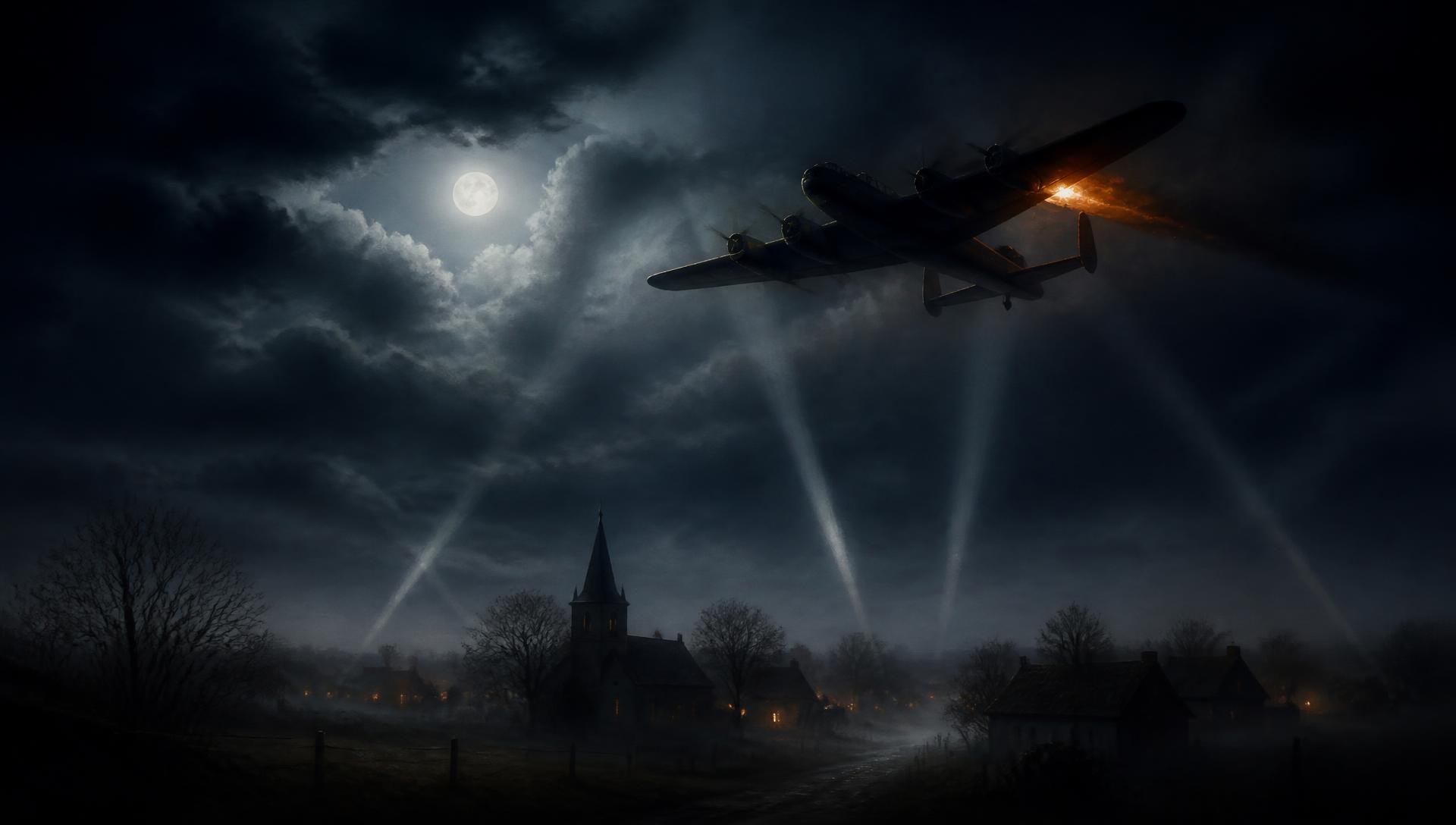 Illustratie: een Lancaster met brandende motor boven een mistig dorp in de nacht